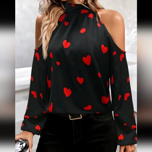 Tops - Women's Stand Collar Open Shoulder Long Sleeve Heart Allover Print Minimalist